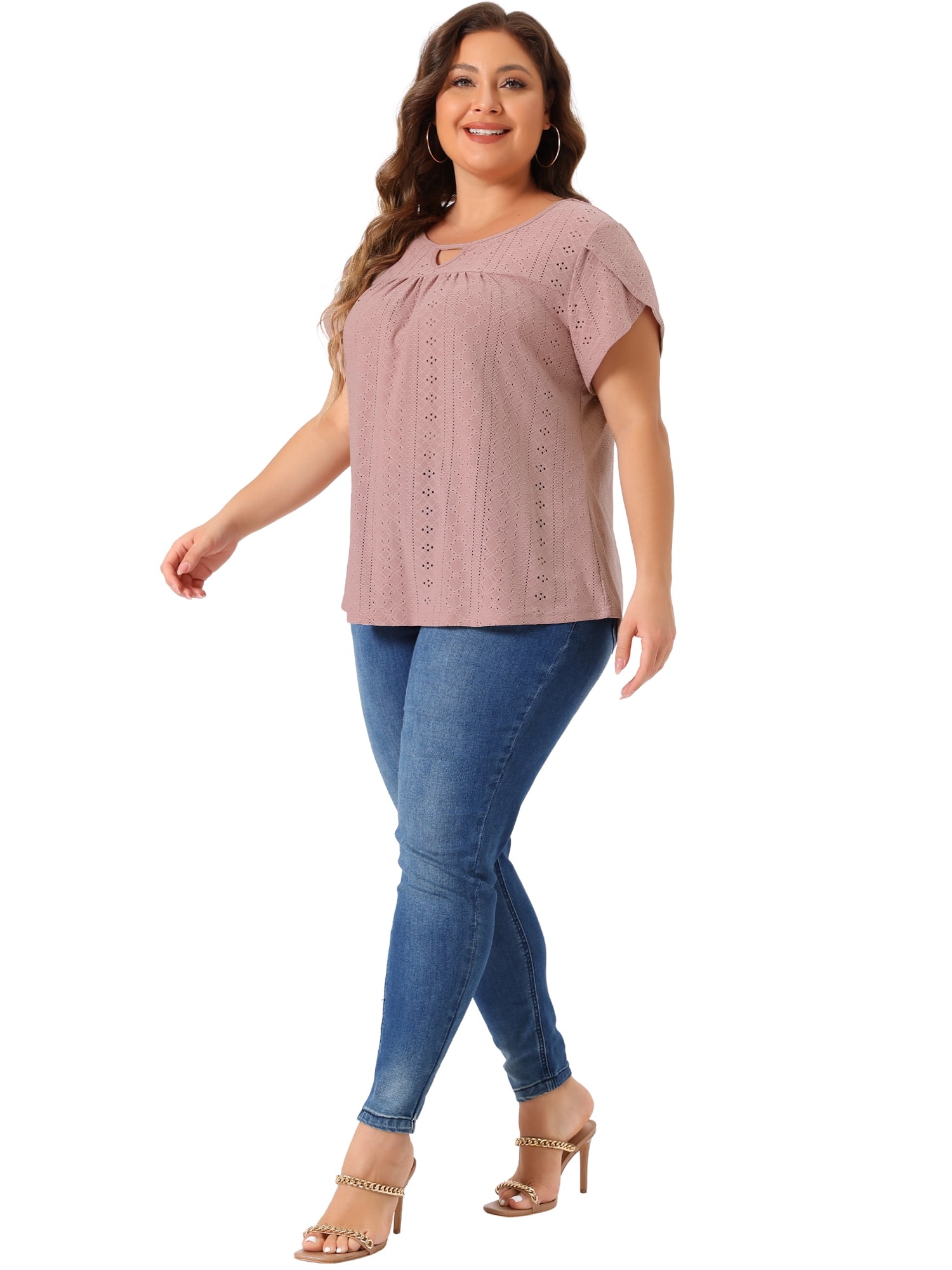 Women's Plus Petal Sleeve Keyhole Neck Loose Fit Casual Top for Women 4X Pink