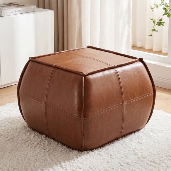 ELEKA Square PU Leather Pouf Ottoman, Foot Rest for Living Room and Bedroom, Brown