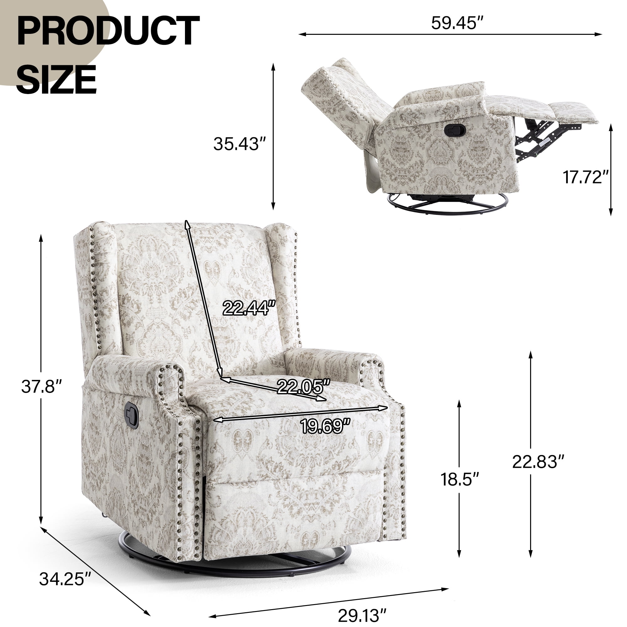 DREAMSIDEA Recliner Swivel Glider Rocker Nursery Chair for Adults, High Back Upholstered Rocking Armchair for Living Room, Manual Reclining Sofa Lounge Chair with Deep Seat in Fabric - Beige