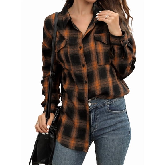 Womens Casual Cuffed Long Sleeve Boyfriend Button Down Plaid Flannel Shirt Tops Dark Brown S