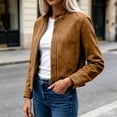 thumbnail image 6 of Caywon Women's Jacket, Solid Color Stand Collar Full Zip Long Sleeve with Side Pockets, Casual Outerwear for Spring Fall Everyday Wear, 6 of 9