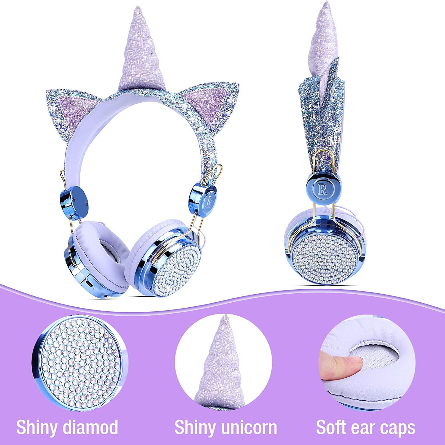 Qearfun Kids Headphones, Wireless Headphones for Toddler Unicorn Cat Ear Headphones for Boy Bluetooth Headphones with Mic Adjustable Headband, over on Ear Headset for Smartphones/School/Tablet/PC
