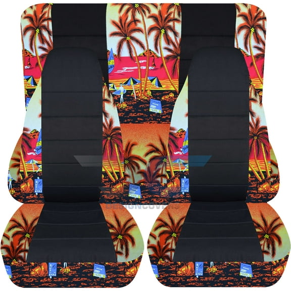 T194-Designcovers Compatible with 1987-1995 Jeep Wrangler YJ Two-Tone Hawaiian Print Seat Covers:Red a Palm tree and Black - Full Set Front&Rear