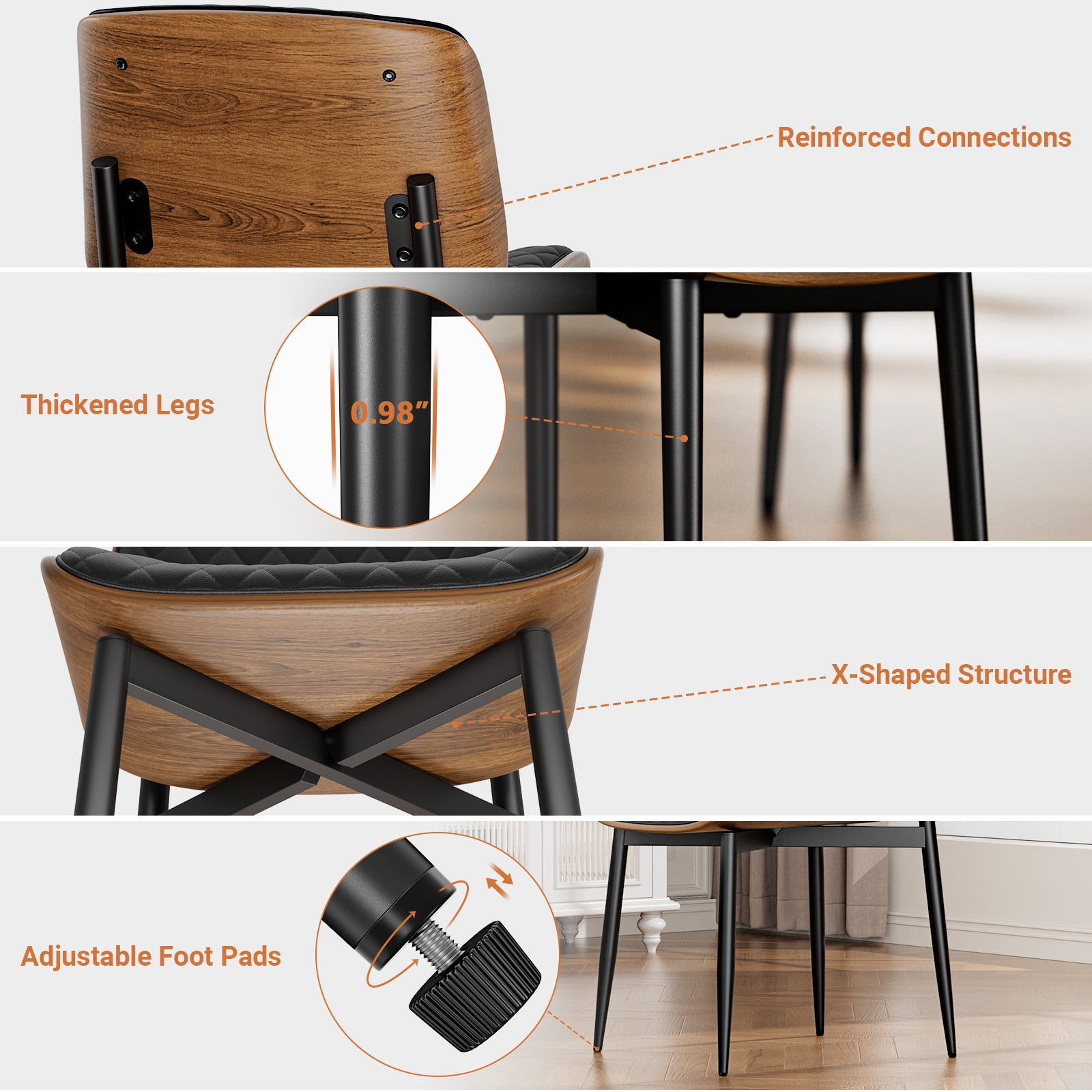 LainTene Modern Dining Room Chairs Set of 6, Faux Leather and Bentwood Design with Metal Legs, Ideal for Kitchen or Dining Space