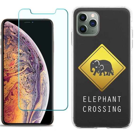 For Apple iPhone 11 Pro Case , Slim-Fit TPU Protective Phone Case with Tempered Glass Screen Protector, by OneToughShield ® - Road Sign Elephant