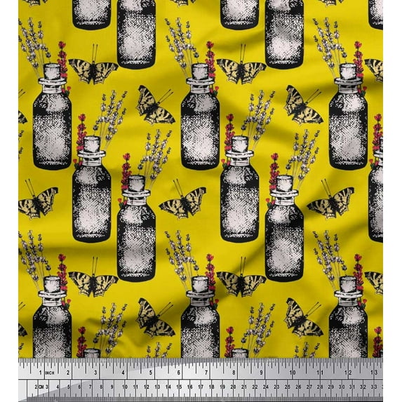 Soimoi Yellow Satin Silk Fabric Insect,Lavender & Vintage Bottle Decor Fabric Printed BTY 42 Inch Wide