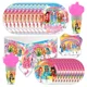 thumbnail image 4 of Lindo juego de cubiertos para fiesta de cumpleaños con diseño de arcoíris alto, plato y pancarta desechable, globos colgantes, decoraciones de fondo para cumpleaños, 4 of 4