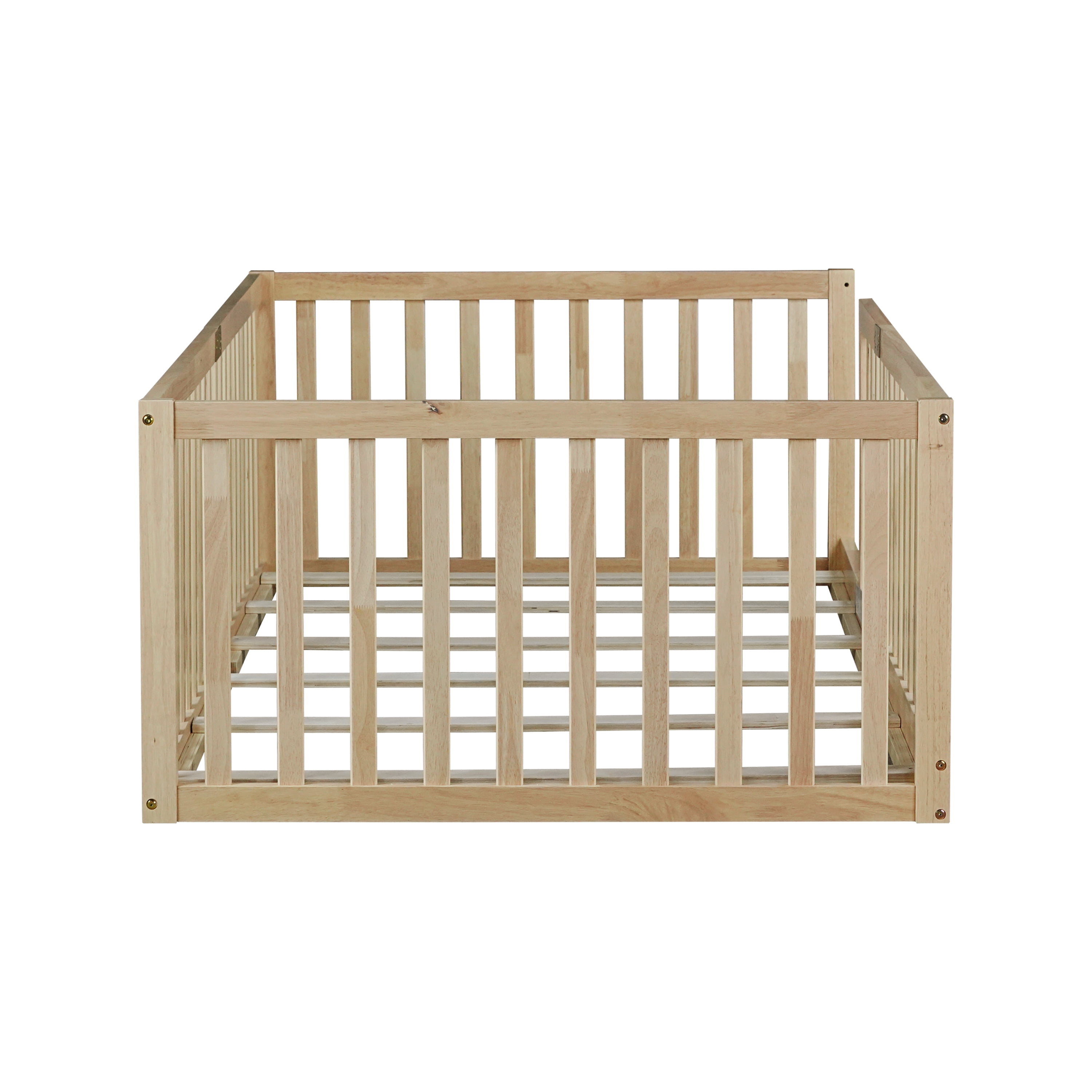 Miniyam Twin Size Floor Bed with High Safety Fence for Kids, Natural