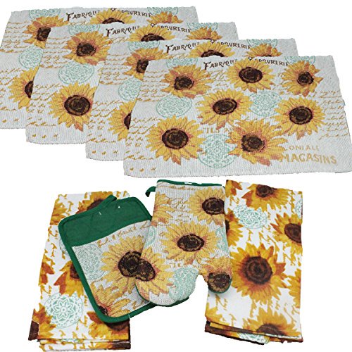 8 pc Sunflower Kitchen Towel Set Includes Sunflower Pot Holder, 2