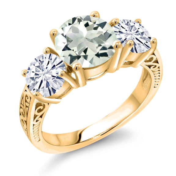 Gem Stone King 18K Yellow Gold Plated Silver Green Prasiolite and White Moissanite Engagement Ring for Women | 3.45 Cttw | Round 8MM | Gemstone Birthstone | Size 5