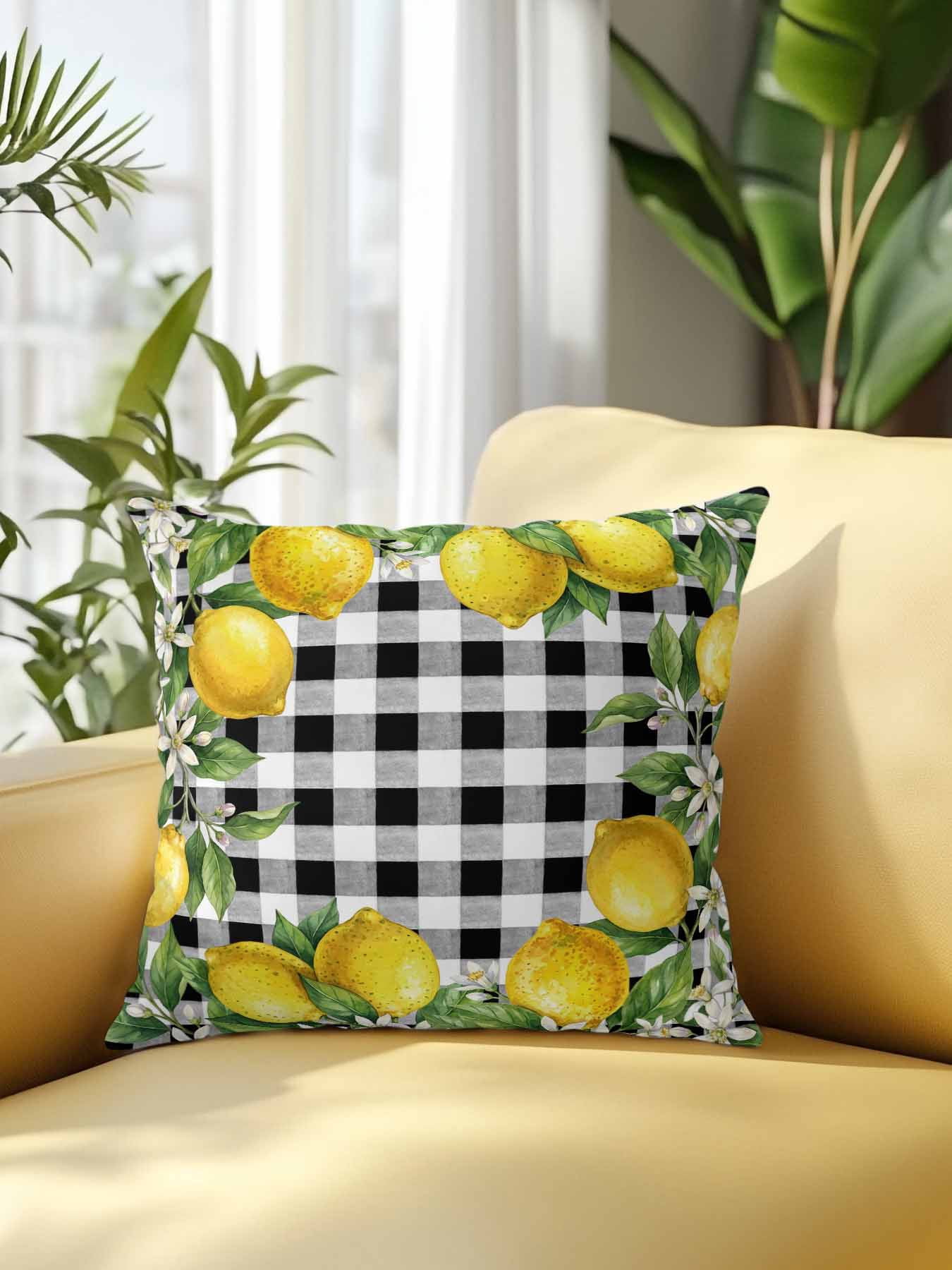 1 Pack Outdoor Pillows Waterproof, Summer Lemons Indoor/Outdoor Throw Pillows with Inserts, Fruits White Flowers Farmhouse Plaid Decorative Pillow for Patio Furniture Chairs Couch