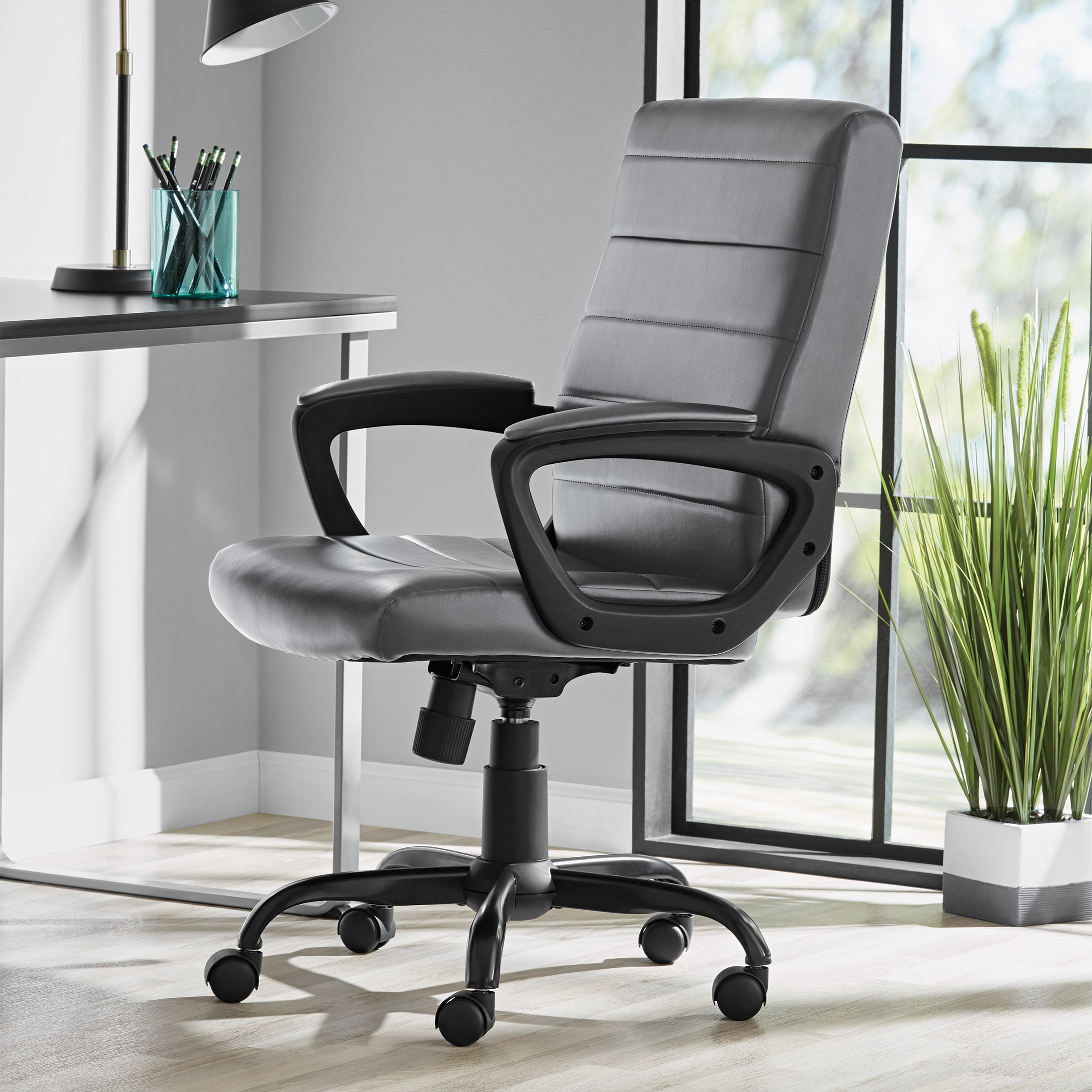 Mainstays Bonded Leather Mid-Back Manager's Office Chair, Gray - image 3 of 11