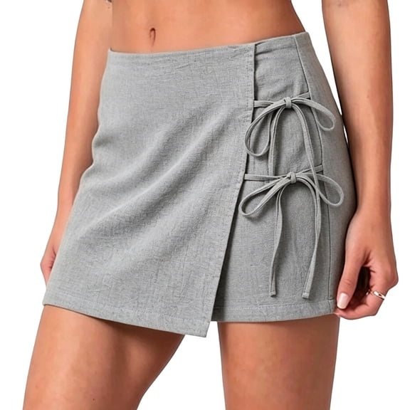 Cargo Bermuda Shorts for Women's Linen Skort with Side Tie, Front Wrap Mini Skirt Shorts, Summer High Waist Short Pants for Beach Vacation Wear Gray M