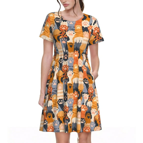 Wukai Cat Paws Print Women’s Short Sleeve Dress, Comfortable Casual Dress, Soft Spandex Blend,Stylish Wear for Summer