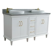 61 in. Double Wooden Vanity White Gray Granite Round Sink