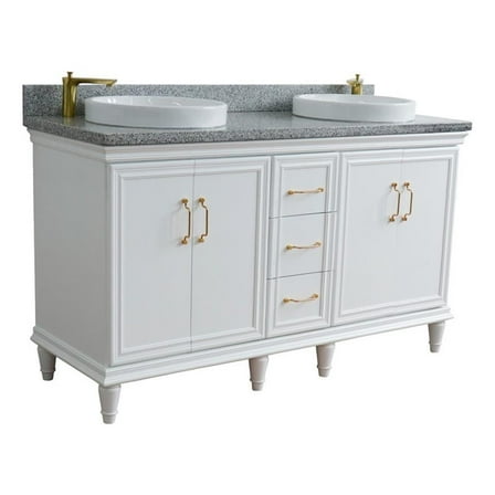 61 in. Double Wooden Vanity White Gray Granite Round Sink