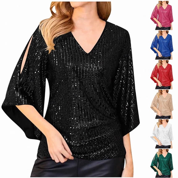 Teylalorva Women's 3/4 Sleeve Top Glitter Party with V-Neck for Evening Wear Blouse Black Size L