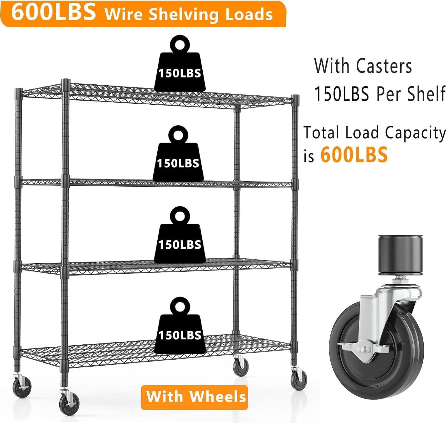 Sailvan 48"W x 18"D x 72"H Heavy Duty Wire Shelving Unit, 2600LBS Capacity 4-Tier Metal Storage Shelves with Wheels, Adjustable Garage Rack,Black