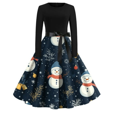 DENGDENG Women Christmas Dress Shoes High Heels Plus Size Santa Deer Snowman Graphic Hepburn Dresses with Belt Pleated Crew Neck Long Sleeve Party Cocktail Dress Royal Blue 5XL