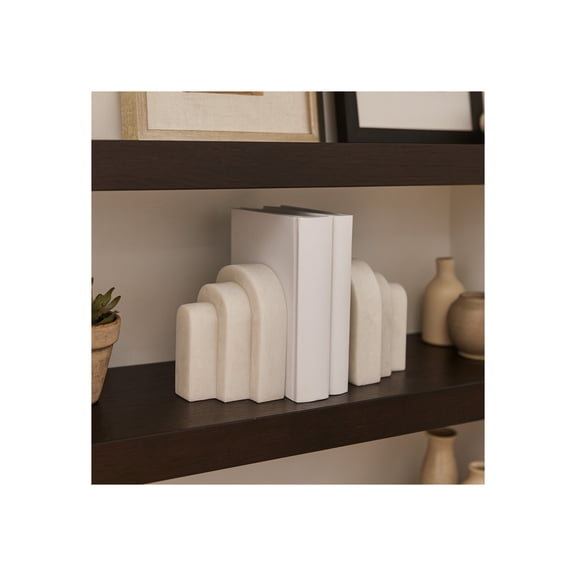 Marble Layered Arch Bookends for Shelves - Modern Bookshelf Decor, Book Accessories, or Home Accent - Cute Book Ends for Office Desk Decor, Home Library, or Bedroom Decoration - Set of 2, 6", White