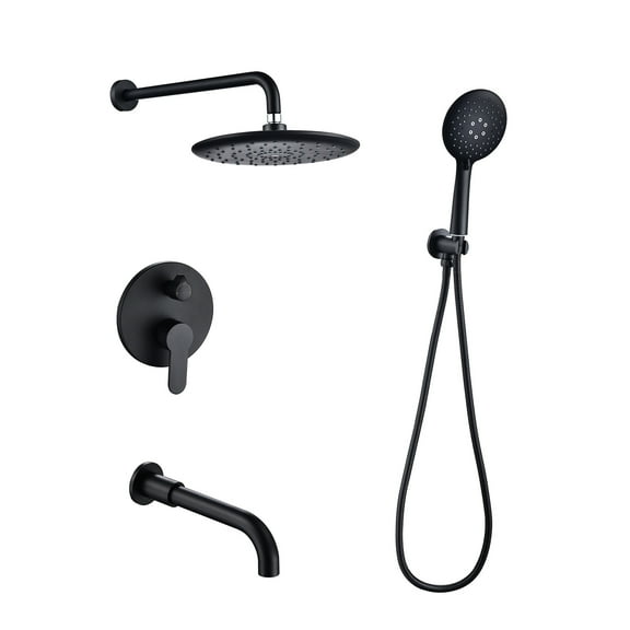 Dawot Shower Faucet Set, 8" Round Rain Shower Head and Handheld Shower with Tub Spout, 3-Function Matte Black Bathroom Rainfall Shower System