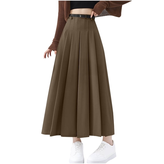 Womens Elegant Pleated Flare Skirts High Waist Dressy Casual Aline Maxi Skirts Office Formal Outfits Khaki, M