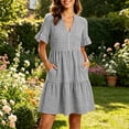 thumbnail image 6 of Bosfbaoi Summer Dresses for Women 2026 Notch V Neck Ruffle Short Sleeve Womens Dresses Loose Two Tier Gingham Mini Casual Dress with Side Pockets, 6 of 9