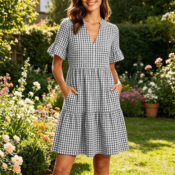 Mini Dresses for Women V Neck Short Sleeve Dresses Beach Resort Style Lightweight Breathable Striped Print Tiered Hem With Pockets Dresses