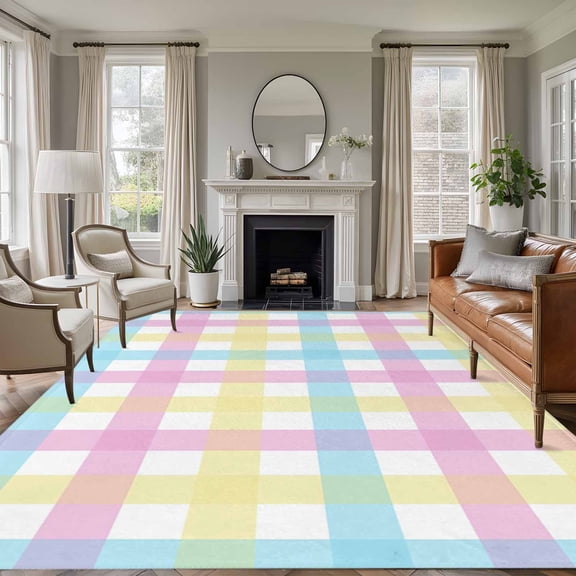 Area Rug for Living Room, Easter Plaid Non-Slip Indoor Large Carpet for Bedroom/Dining Room, Spring Buffalo Plaid Simple Colorful Washable Low-Profile Rectangle Floor Runner Rugs - 6 x 9 Ft