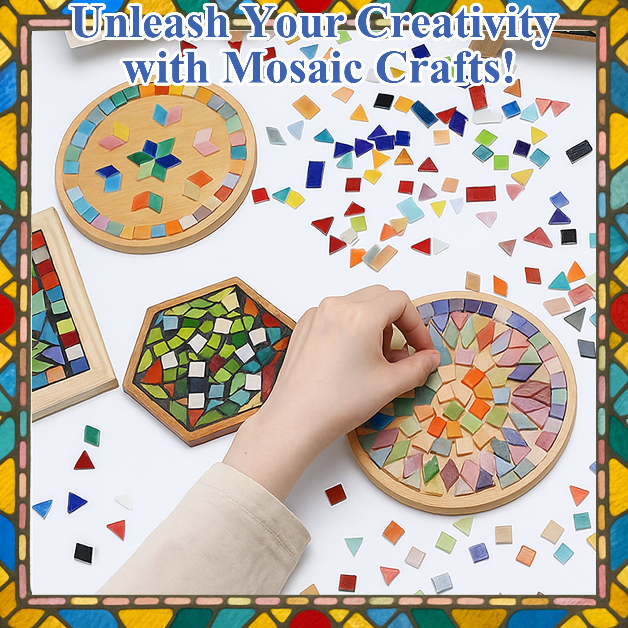 Yalumo 1100 Pieces Mosaic Tiles, Glass Mosaic Tiles for Crafts Bulk, Mixed Shapes Stained Glass Mosaic Pieces, Mosaic Kit for Adults Art Craft, DIY Projects, Home Decoration, Opaque