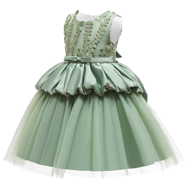 Vestido Para Niñas, Ropa Para Niñas Pequeñas, Color Sólido, Bordado De Hojas, Hilo De Red, Lazo, Fiesta De Cumpleaños, Vestido De Flores, Vestidos Para Niños, Verde Odeerbi LM103-8817
