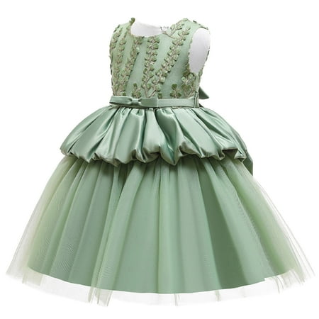 

Efsteb Fashion Girls Dresses Kids Toddler Girl Clothes Solid Color Round Neck Sleeveless Princess Dress Embroidery Net Yarn Bowknot Birthday Party Flowers Gown Kids Dresses Green （4-5 Years）