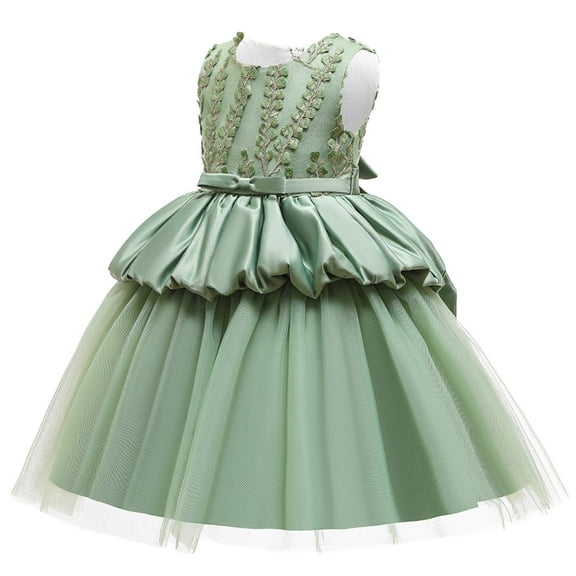 Odeerbi Girls Dress Baby Girls Clothes Toddler Solid Color Leaf Embroidery Net Yarn Bowknot Birthday Party Flowers Gown Kids Dresses Green