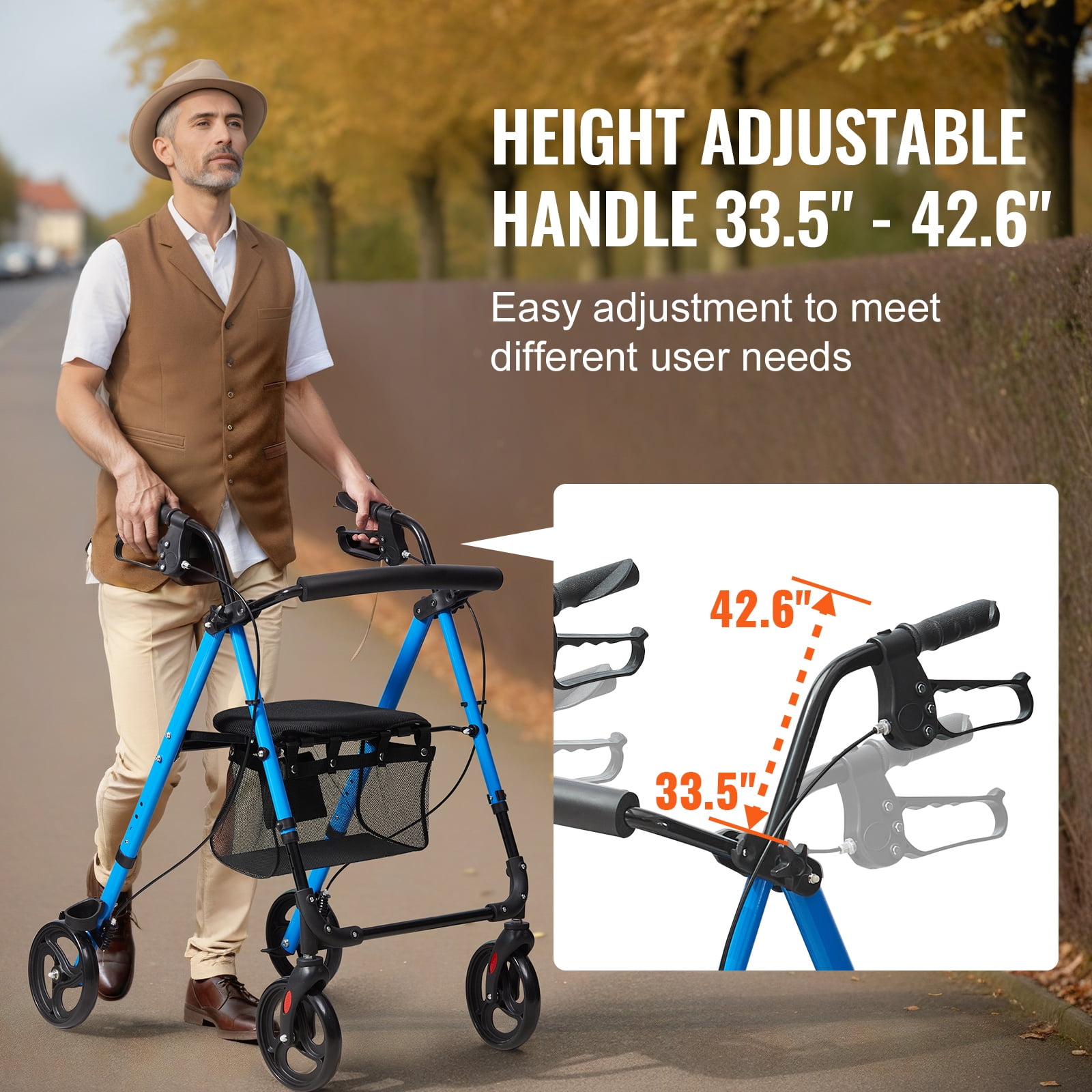 KFFKFF Rollator Walker With Seat, Aluminum Rolling Walker, Height Adjustable, 8" All Terrain Wheels, Foldable Design, 300 LBS Weight Capacity