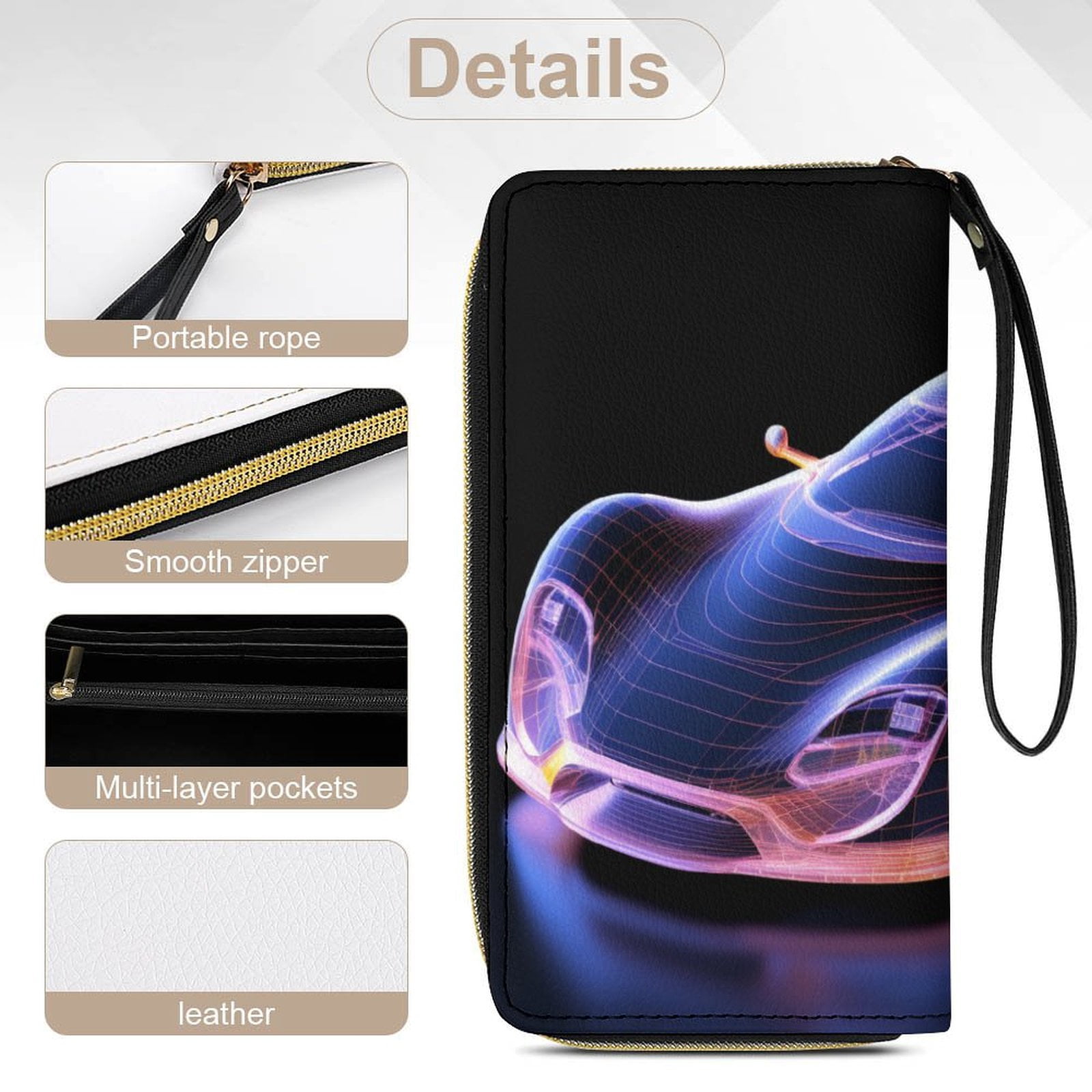 Womens Wallet Bifold Ladies Cluth Bag Wristlet Wrist Strap Long Purse Race Car Hologram Design