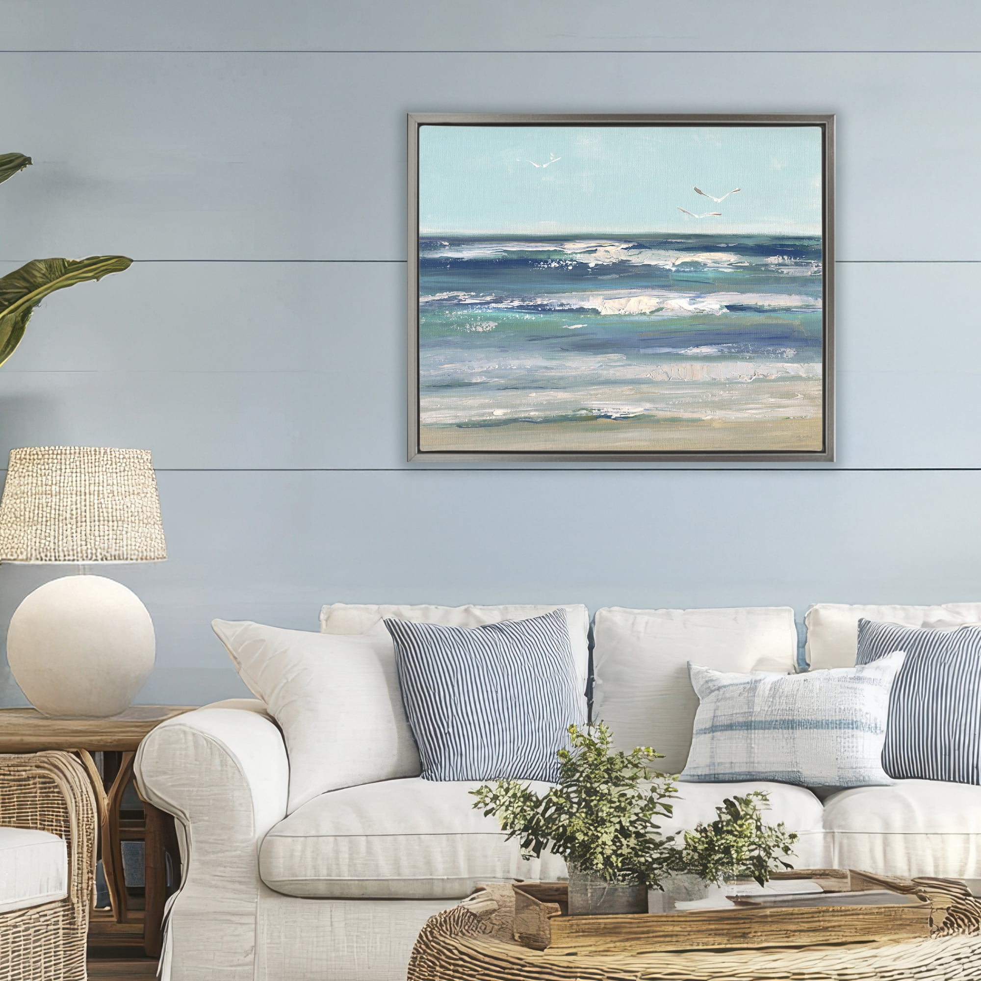 Stupell Industries Seagulls over Rolling Waves Gray Framed Floater Canvas Wall Art, design by Sally Swatland