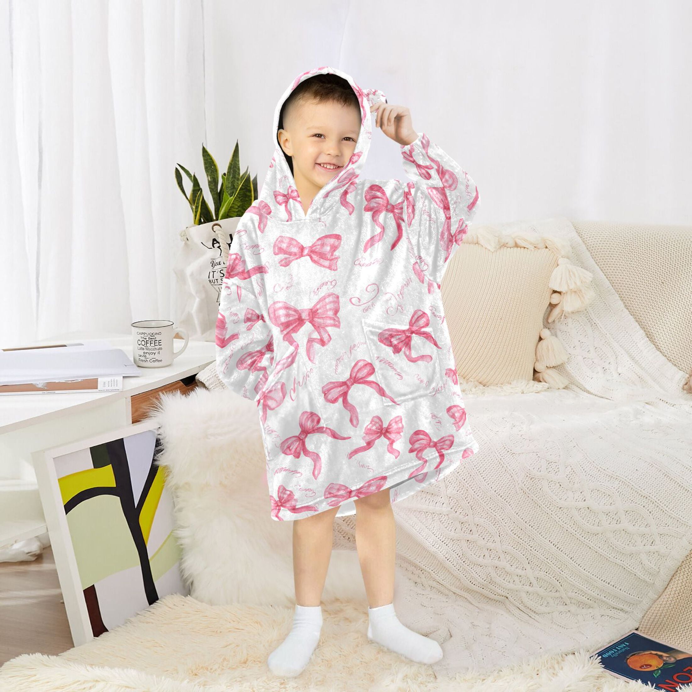 joogoo Wearable Blanket Hoodie for Pink Bows Flannel Sherpa Pocket 3-14 YR S