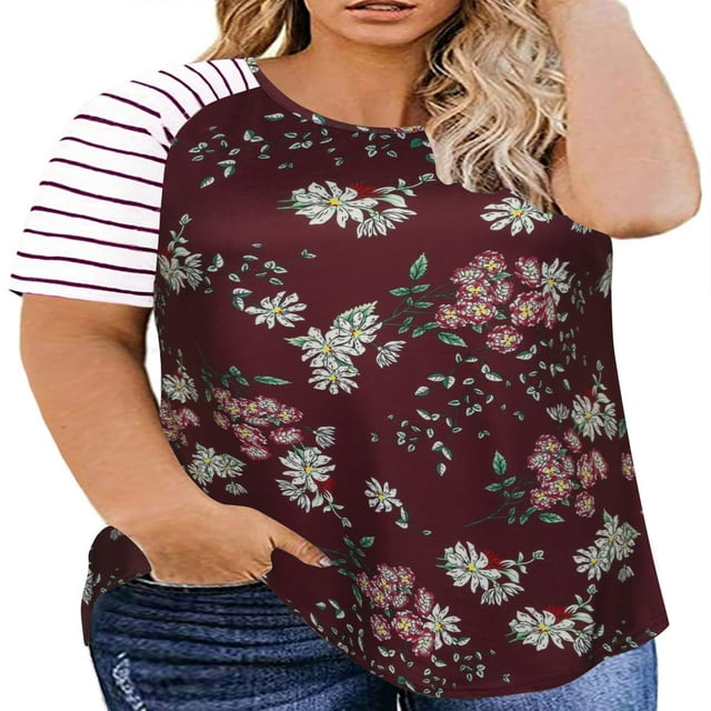 CHUANK Raglan T Shirts Short Sleeve Basic Tunic Blouse Summer Floral Tops for Plus Size Women