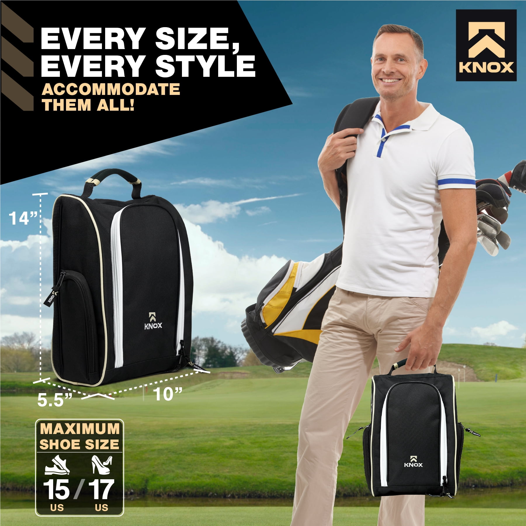 Knox KNB020 Golf Shoe Bag with Ventilation & Double Side Pockets for Socks, Tees, Golf Balls