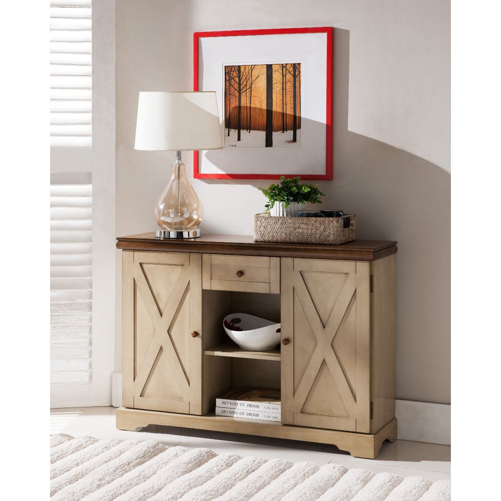 Antique White & Walnut Wood Contemporary Sideboard Buffet Console Table