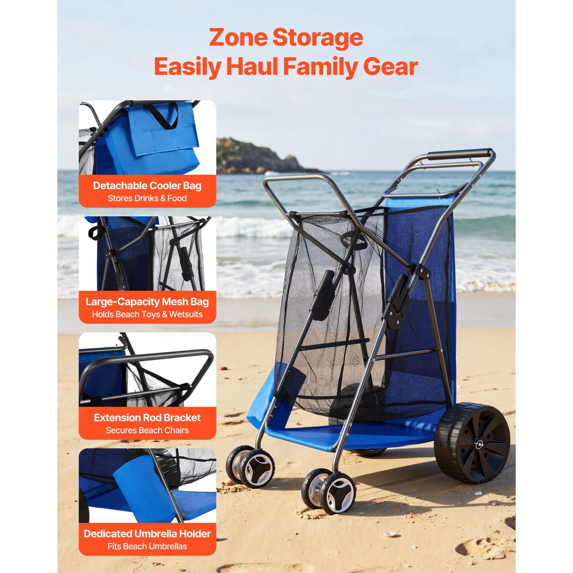 Beach Cart with Large Wheels for Sand, 165 lbs Load Capacity, Heavy Duty Folding Beach Wagon with 10" Solid Wheels, Insulated Cooler Bag, Umbrella Holder, Holds 4 Chairs for Camping & Fishing