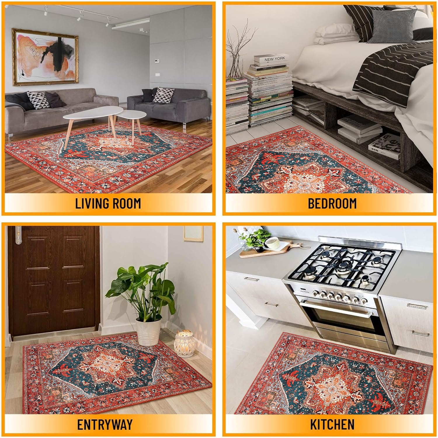 Noahas Vintage 2x3 Washable Rug for Entryway, Non Slip Small Indoor Front Door Rug, Soft Low Pile Rugs for Entrance Kitchen Bedroom Bathroom, Red