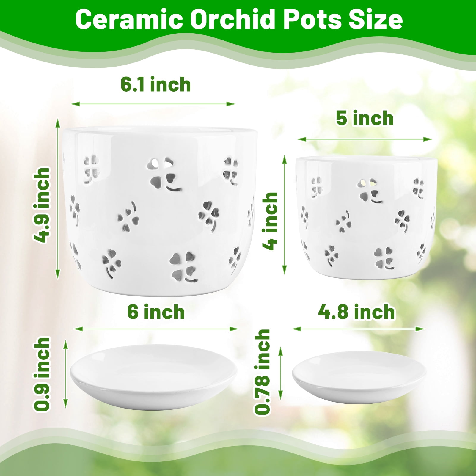 Yalumo 2 Pack Ceramic Orchid Pots with Holes, 5 & 6 Inch Large Orchid Planters with Drainage and Saucers for Repotting, Breathable Flower Pots for Indoor Outdoor Orchids and Succulents