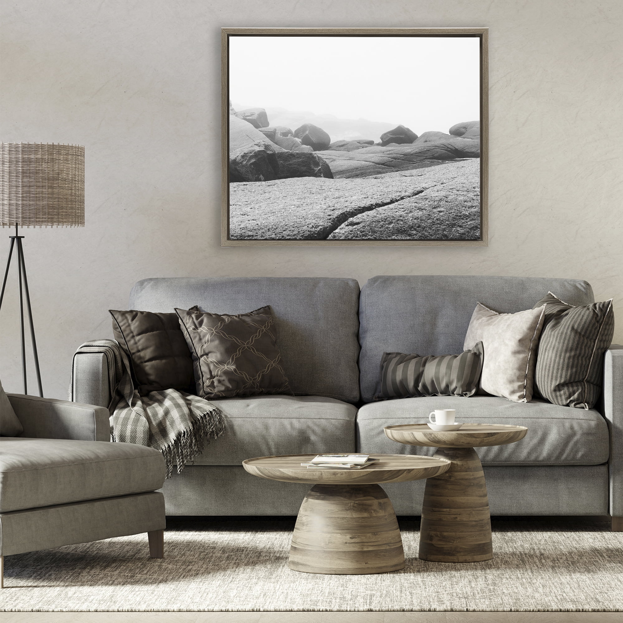 Rocks at Peggy's Cove Brown Framed Floater Canvas Wall Art, design by Clive Branson
