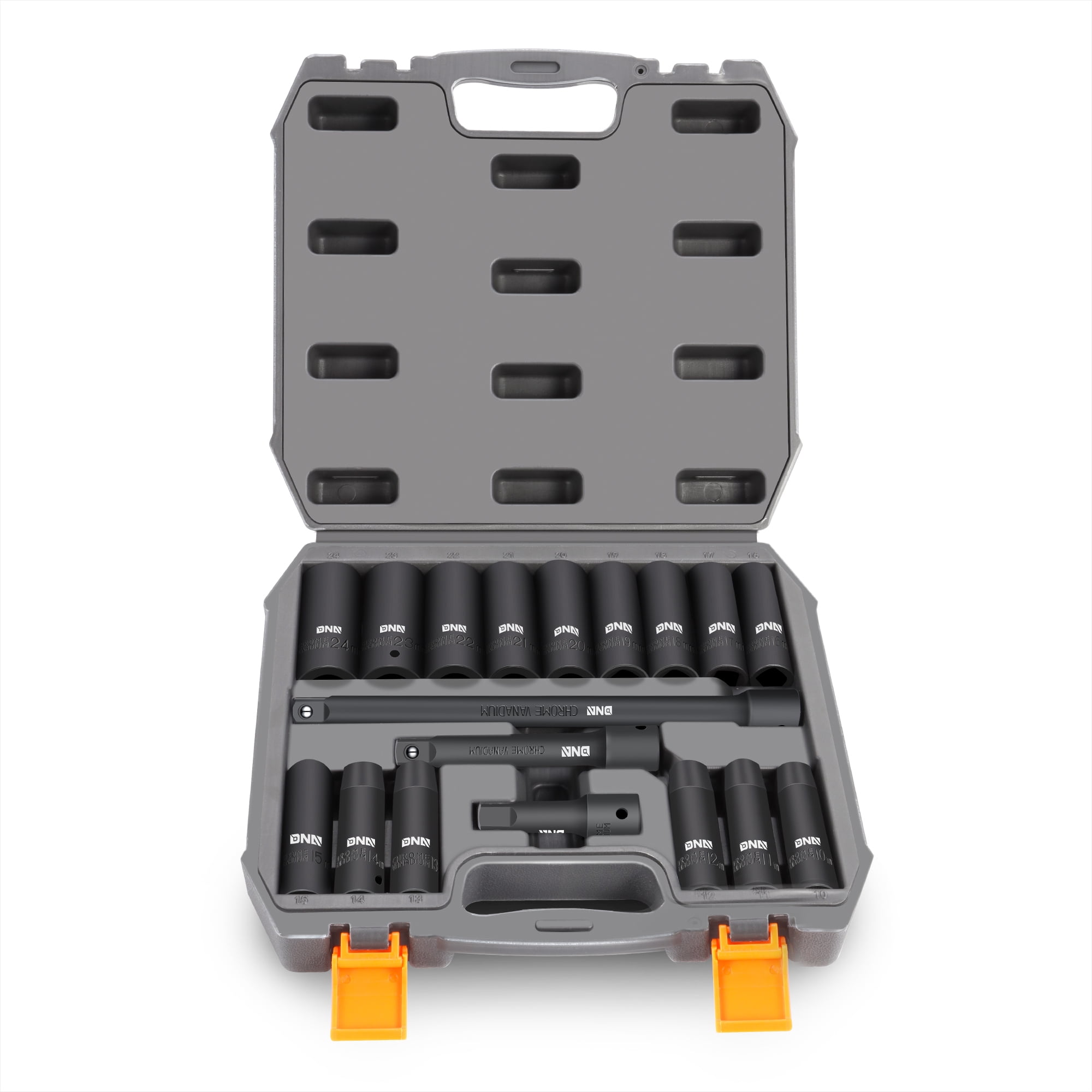 18-Pcs 1/2-Inch Drive Metric Impact Socket Set - 10-24mm, with 3'' 5'' 10'' Extension Bar, Cr-V