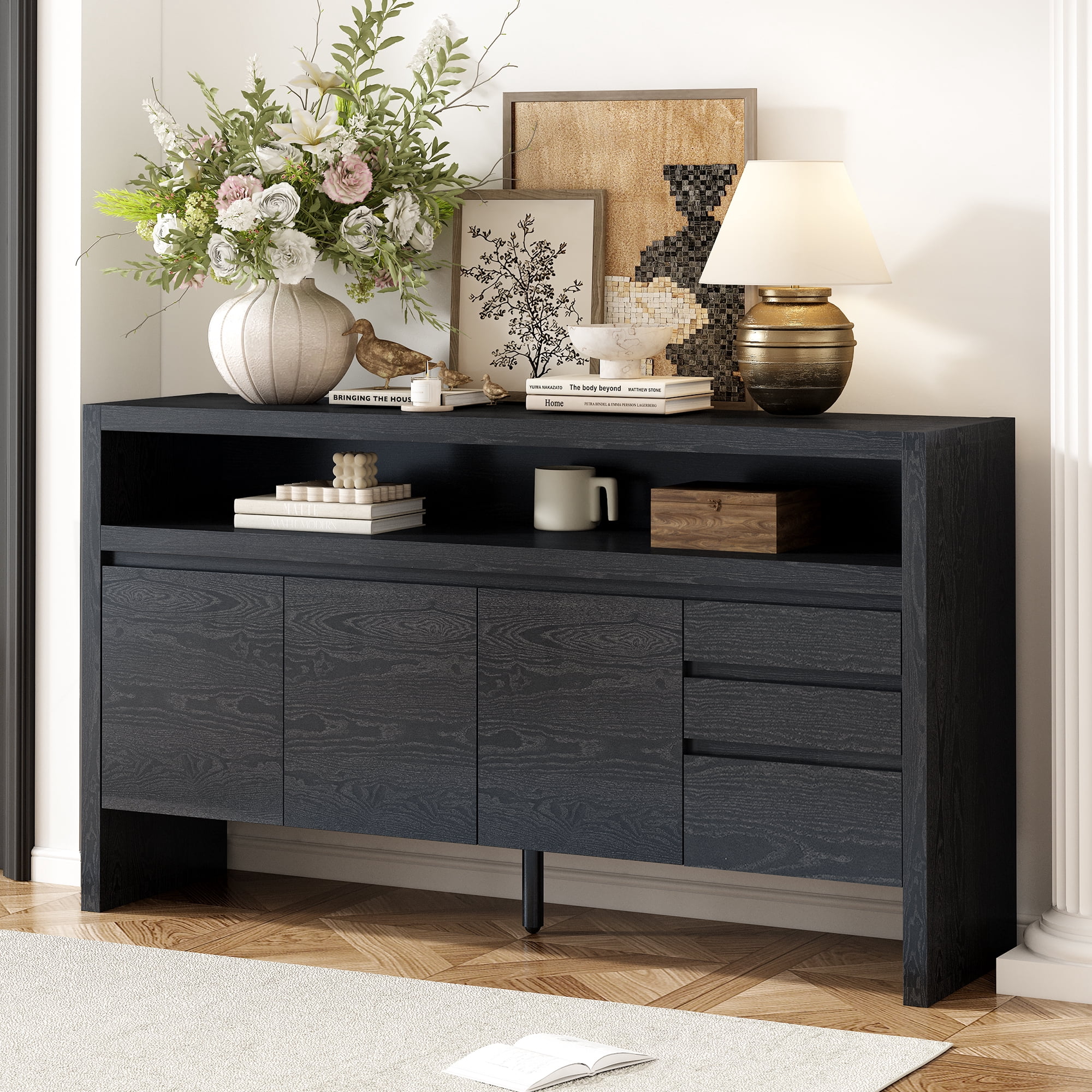 Euroco Sideboard Buffet Cabinet with Storage, 60" Modern Coffee Bar Station with 3 Doors,3 Drawers and Open Shelf for Kitchen,Living Room,Black