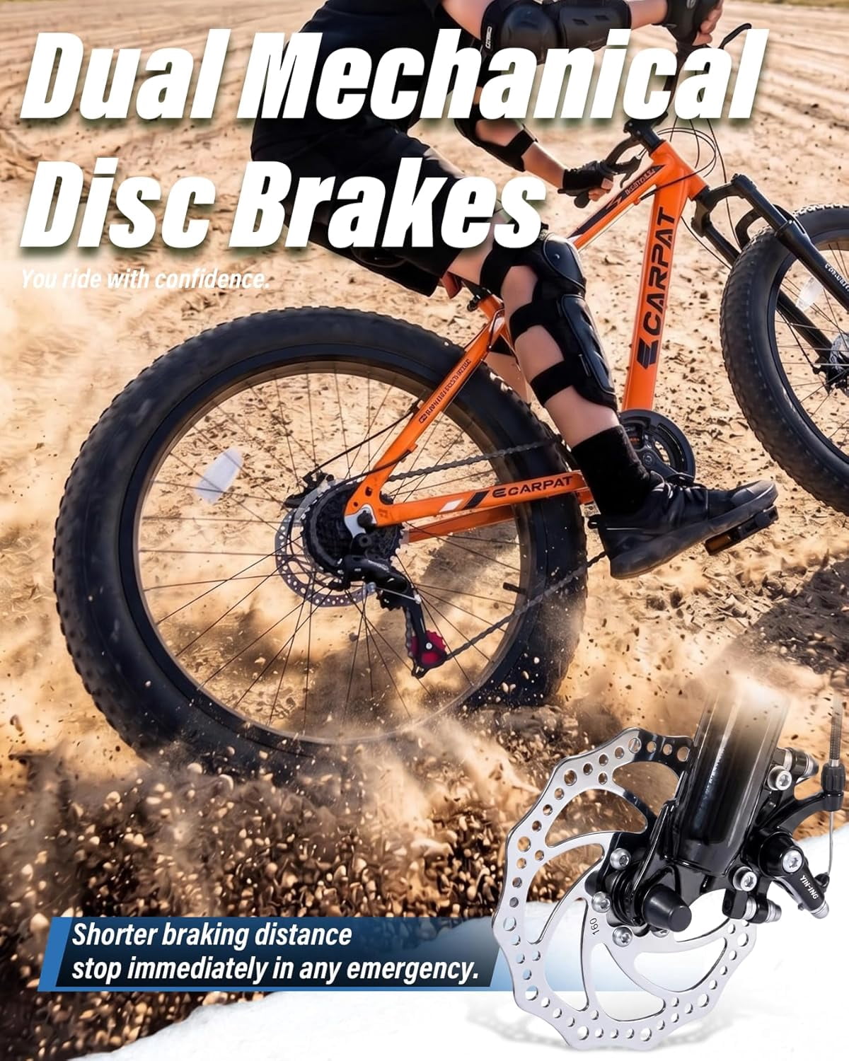 24 inch Fat Tire Mountain Bike, Outdoor Cycling Bike with 7-Speed for Boys Girls, High Carbon Steel Frame, Dual Disc Brake, Wide Tires, Suspension Fork, Anti-Slip Bikes, Orange