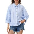 thumbnail image 3 of Women 3/4 Length Sleeve Striped Button Down Shirt Loose Fit Drop Shoulder Trendy Ruffle Hem Striped Blouses Top Blue XL, 3 of 6