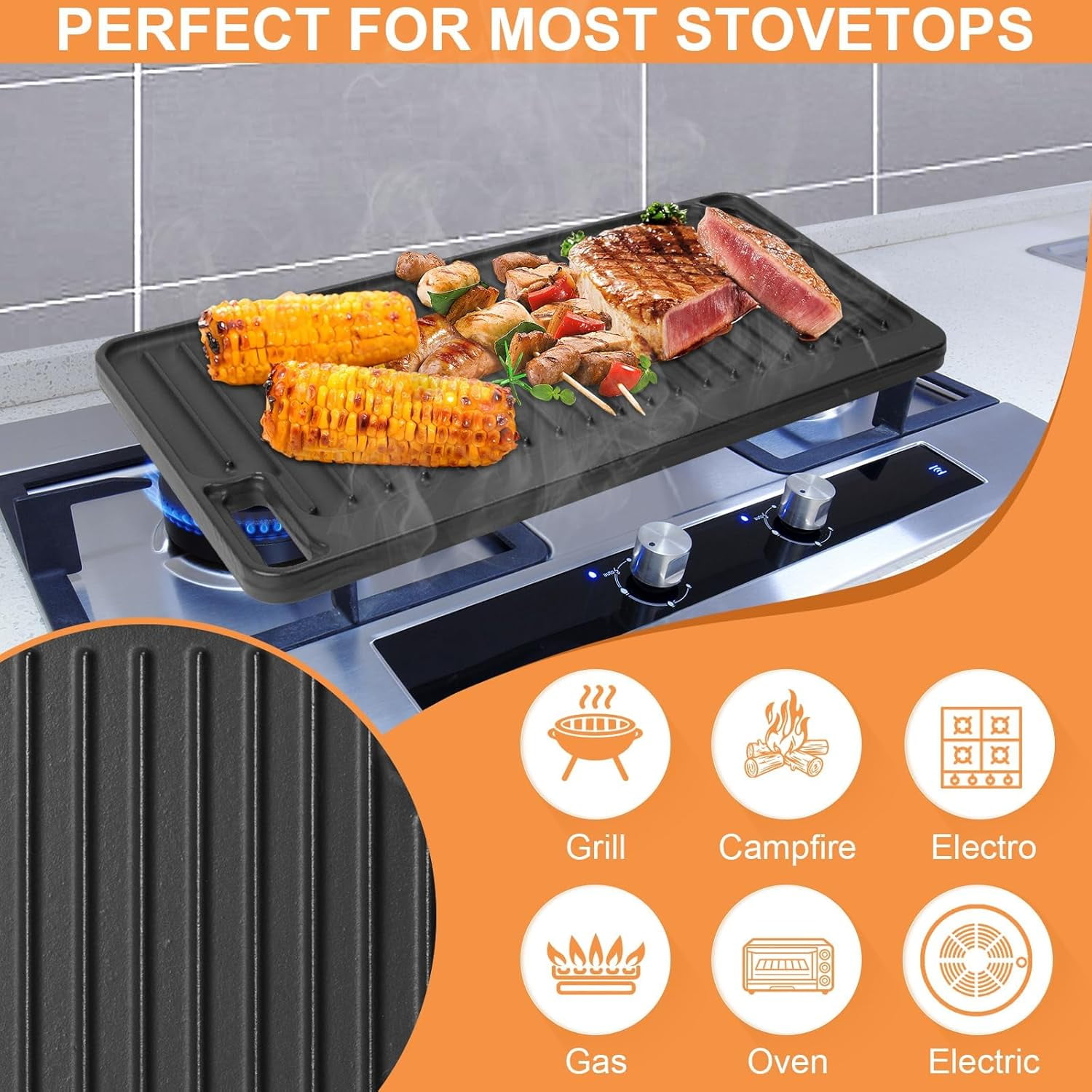 Large Cast Iron Griddle Insert,  Skillet, Reversible Pancake Pan for Gas Stove, Oven & Campfire