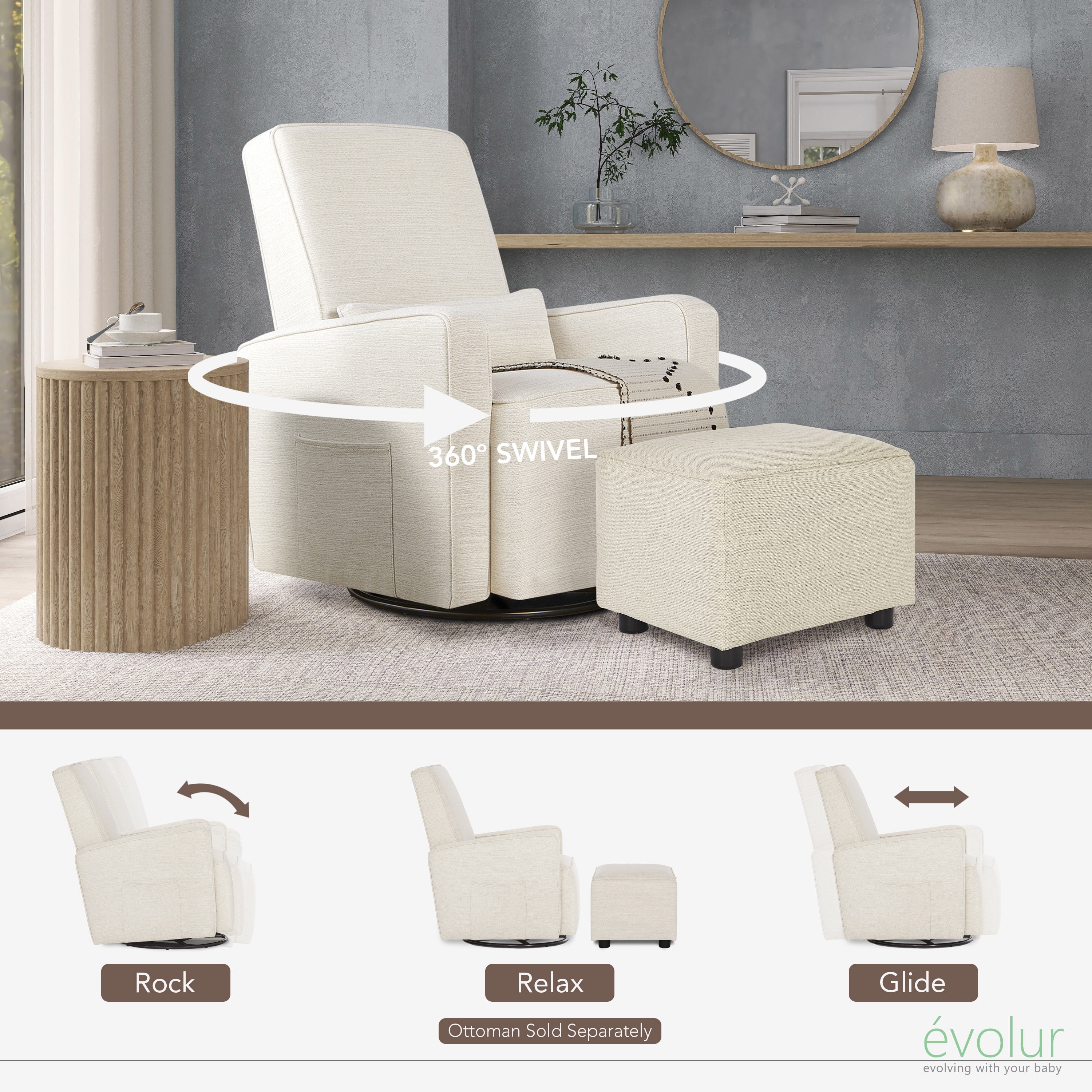 Evolur Holland Upholstered Swivel Glider | Rocker I Included Lumbar Pillow I Modern Design, Thunder